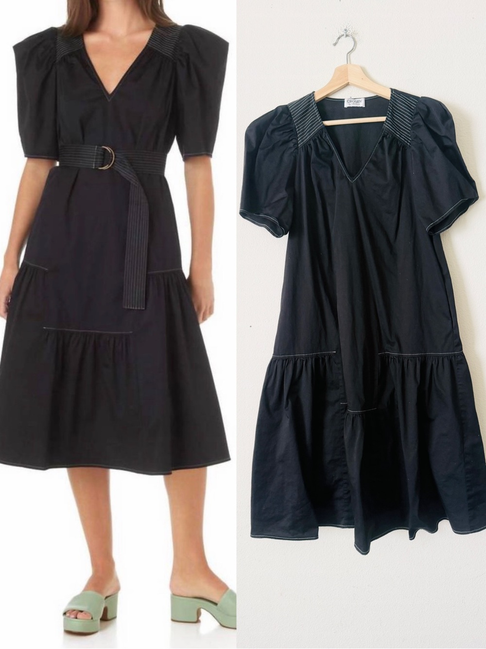 Crosby by Mollie Burch SMALL black short sleeve contrast stitching midi dress